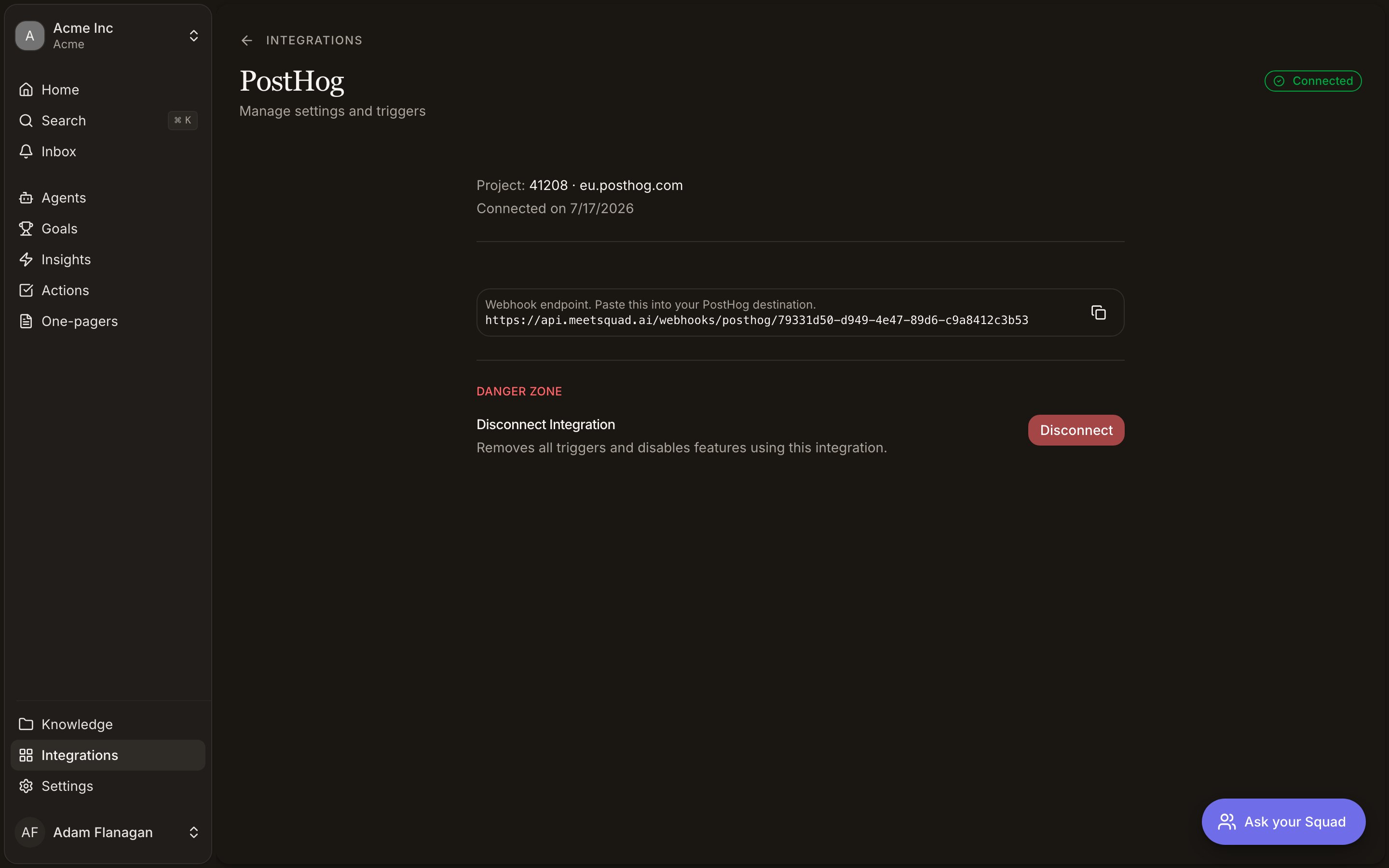 PostHog integration settings