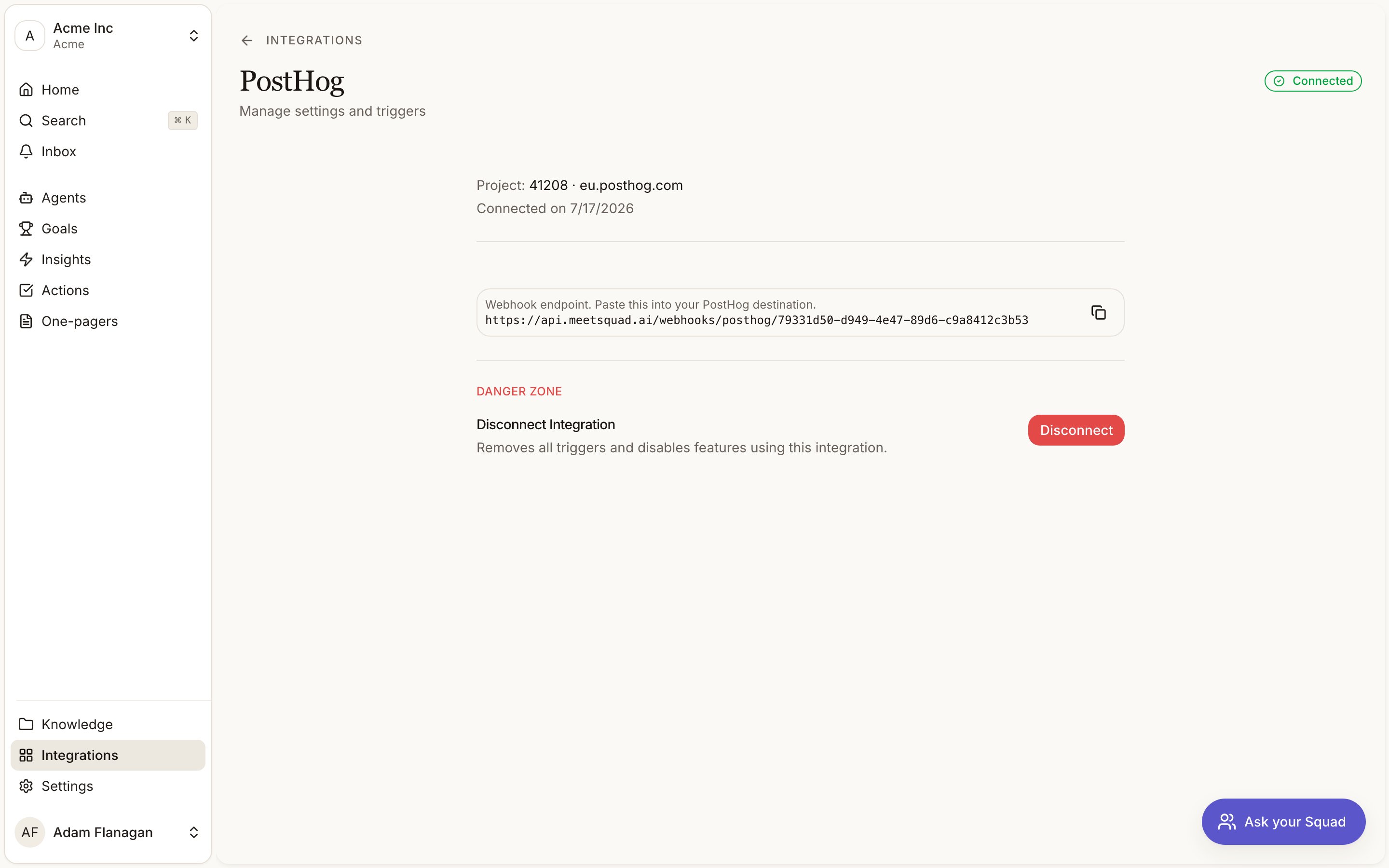 PostHog integration settings