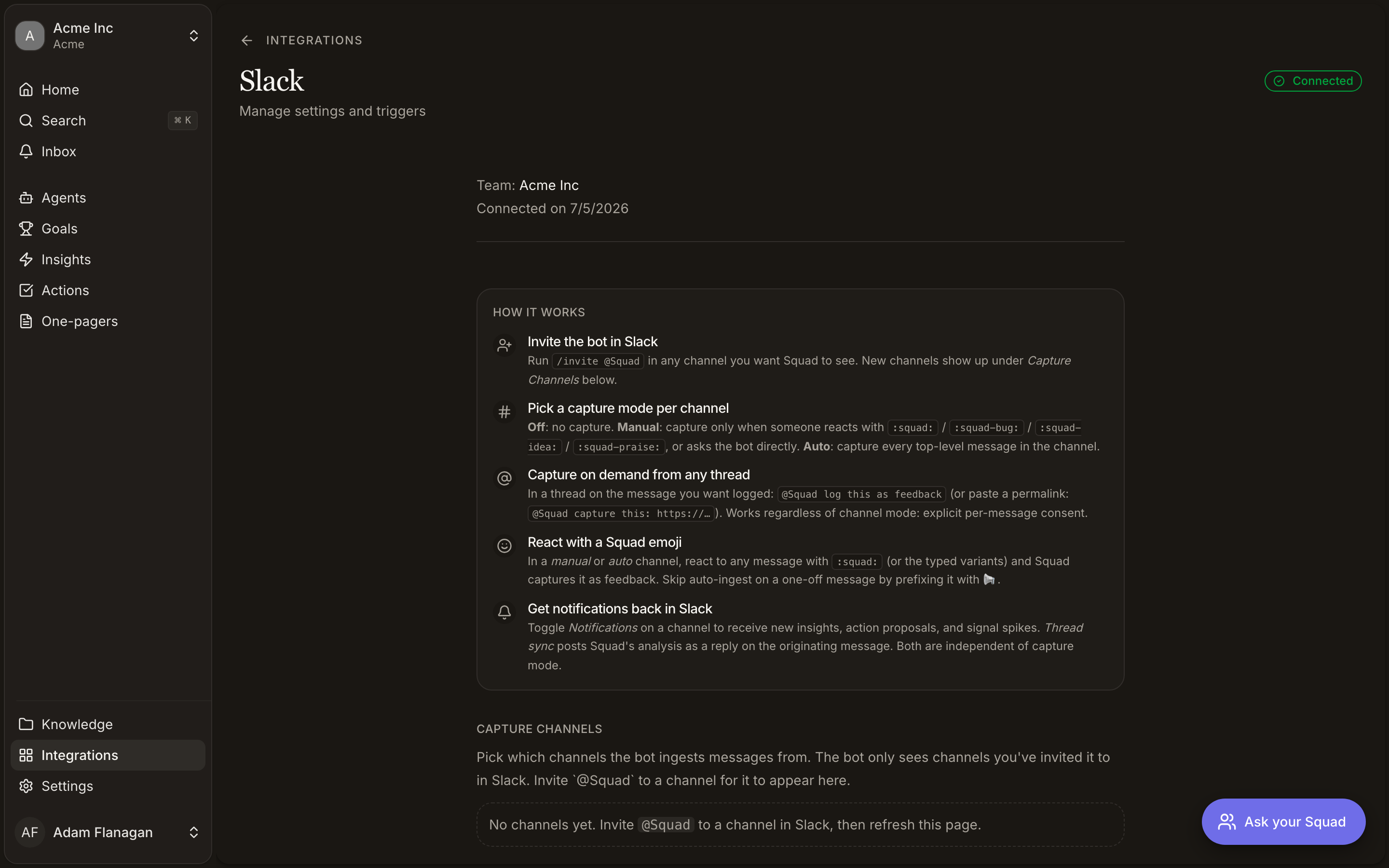 Slack integration settings