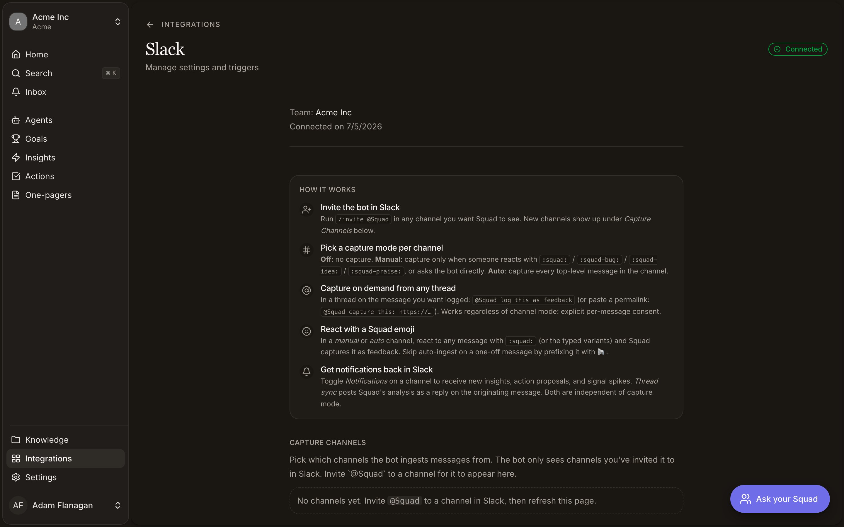 Slack integration settings
