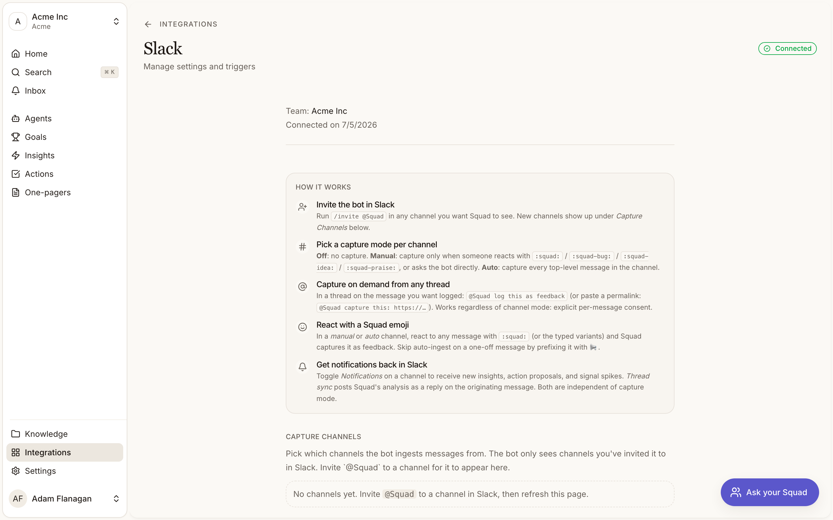 Slack integration settings