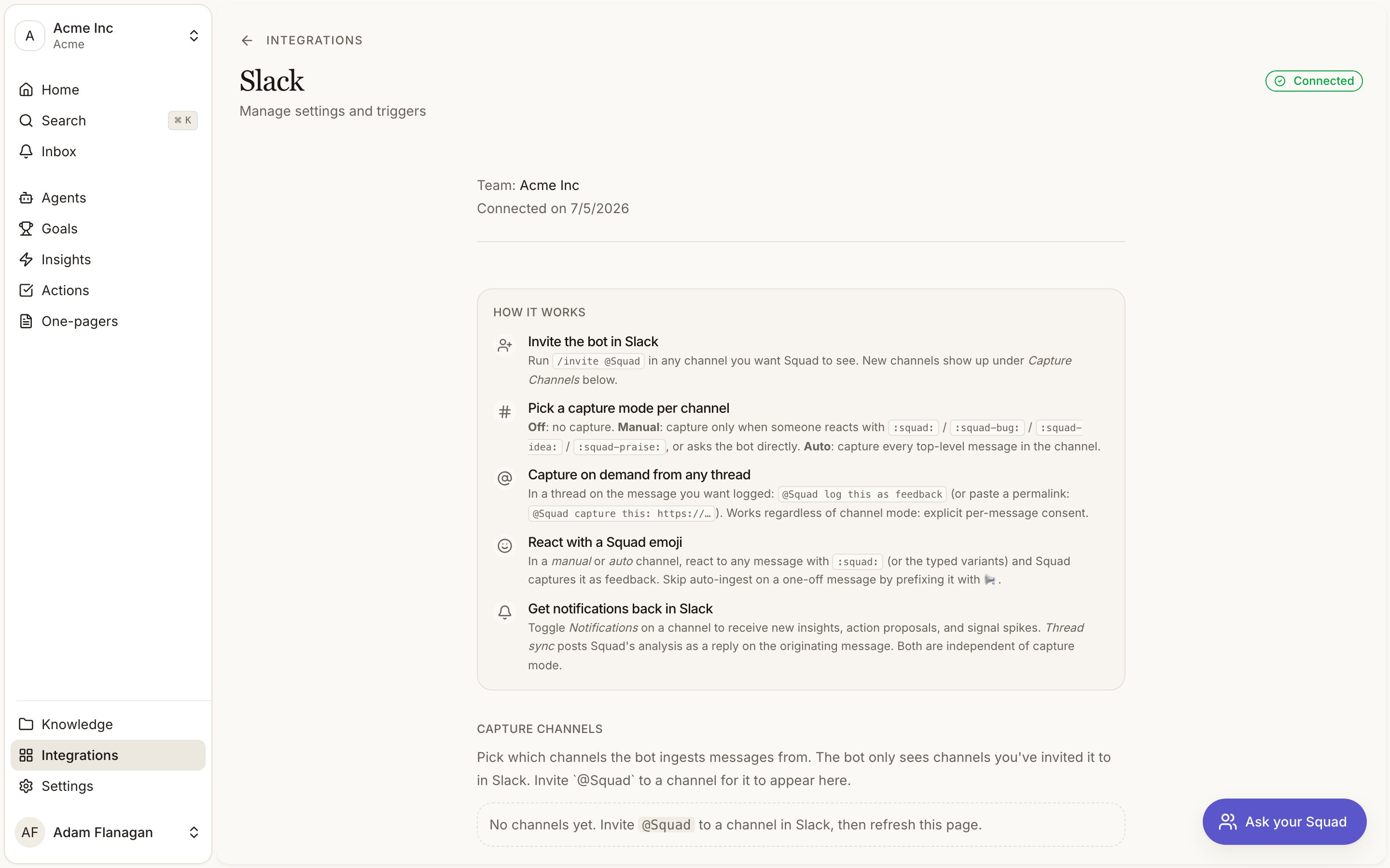 Slack integration settings