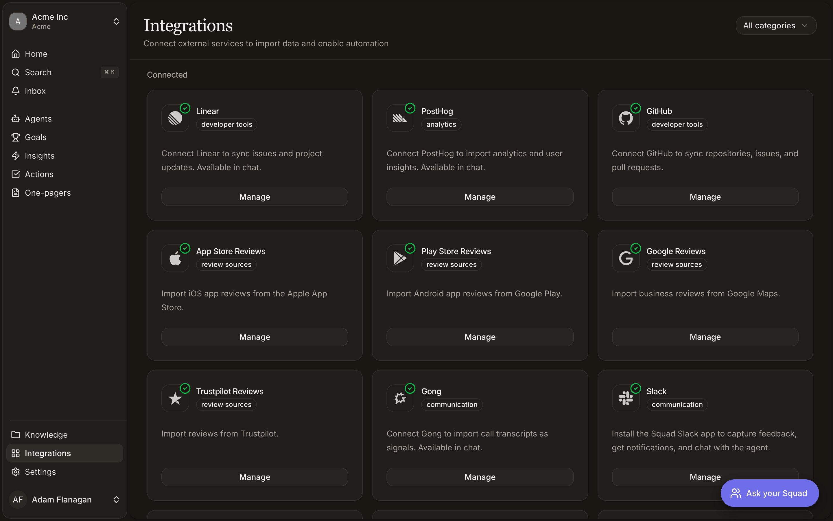 The Integrations page