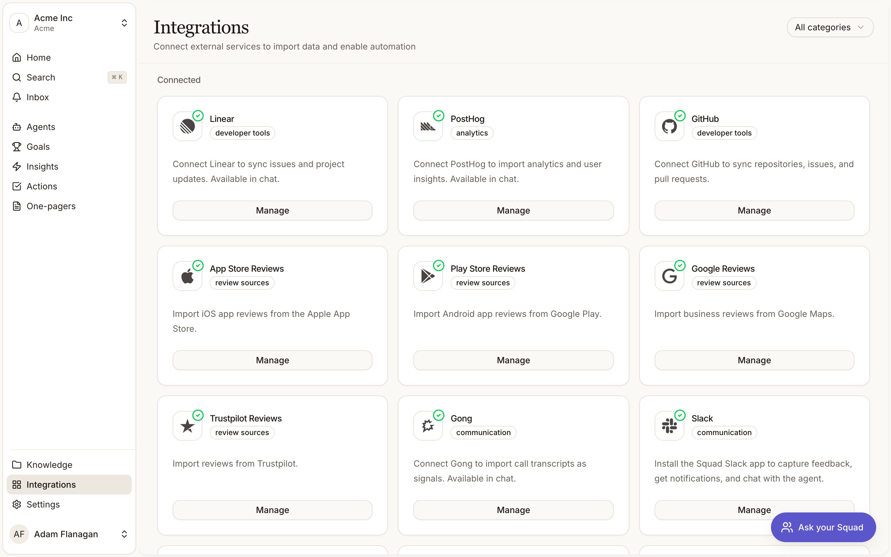 The Integrations page