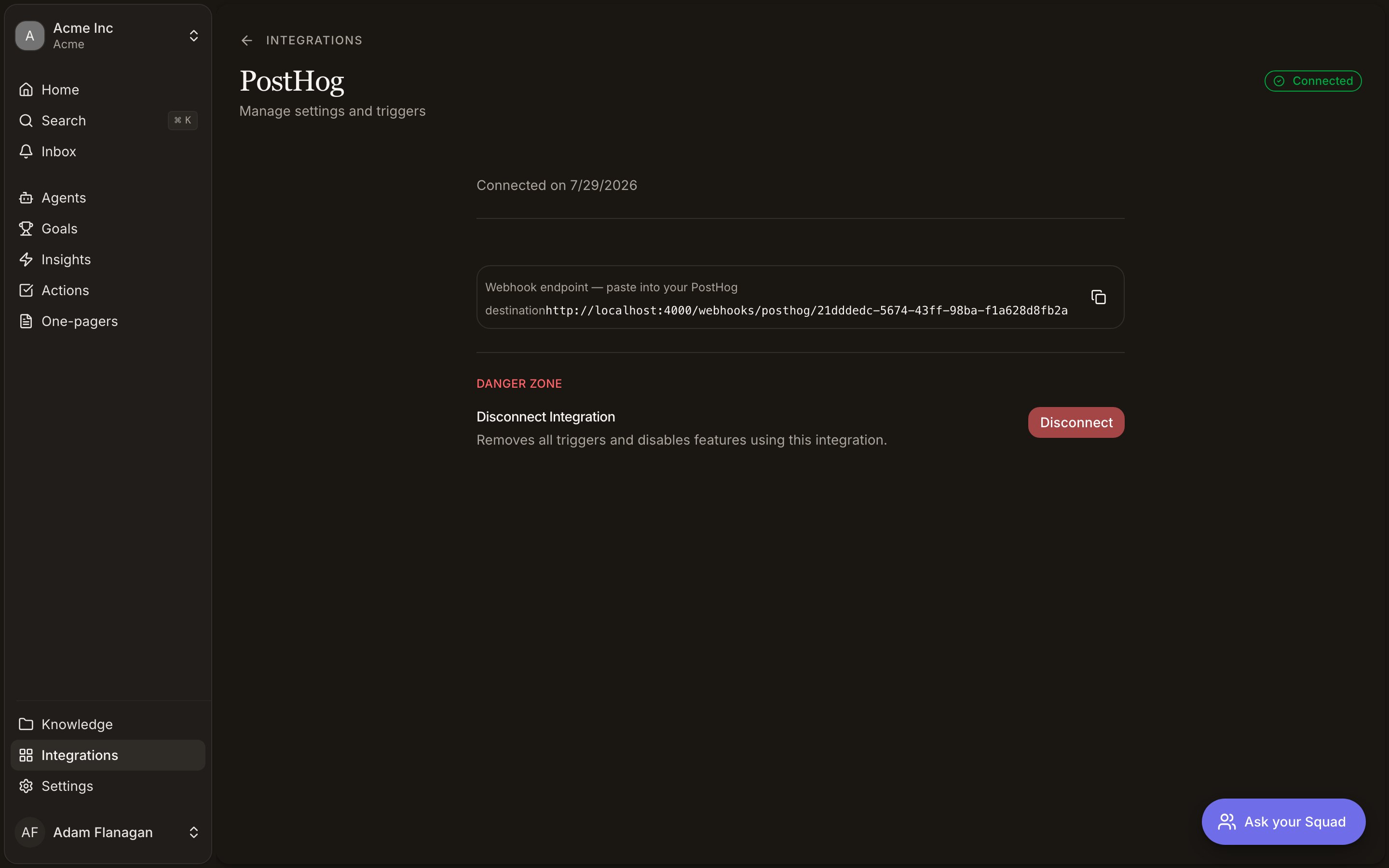 PostHog integration settings