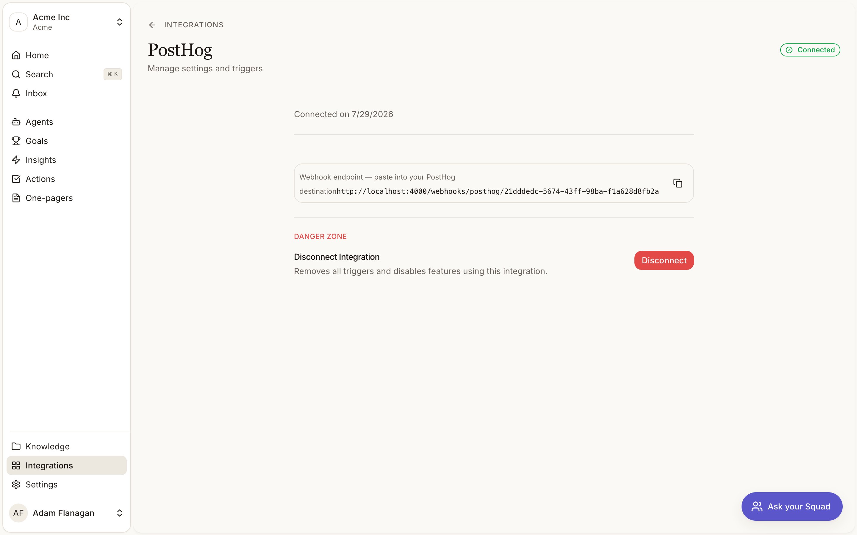 PostHog integration settings