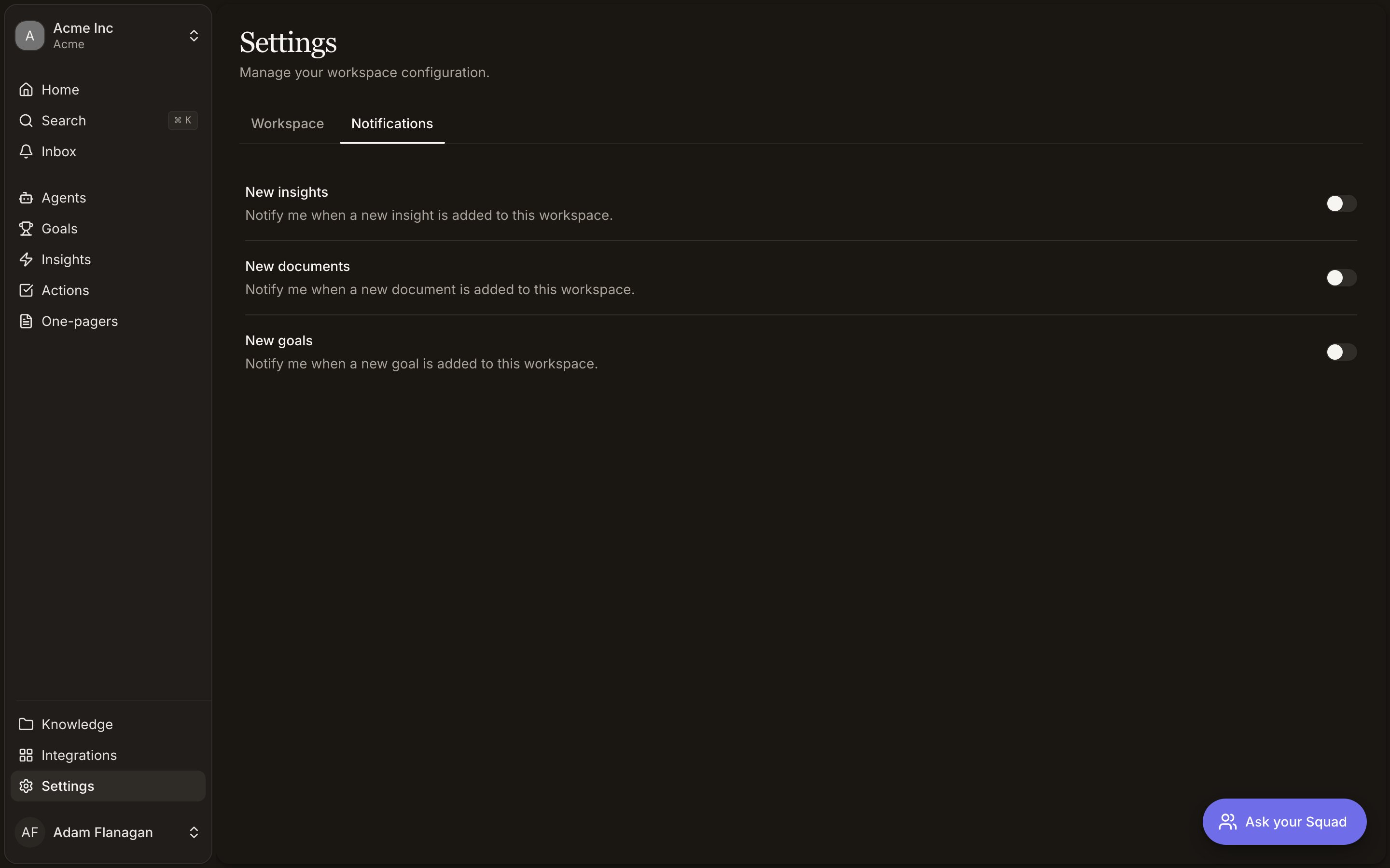 The notification inbox and settings