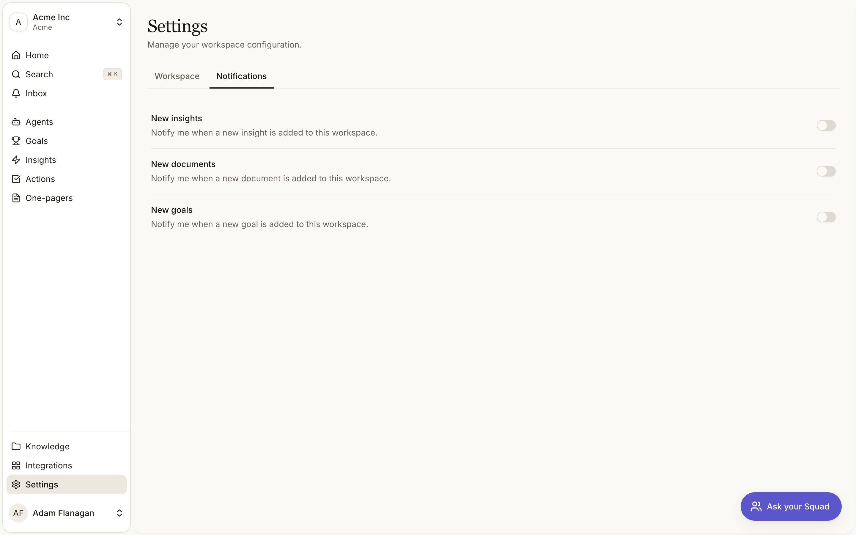 The notification inbox and settings