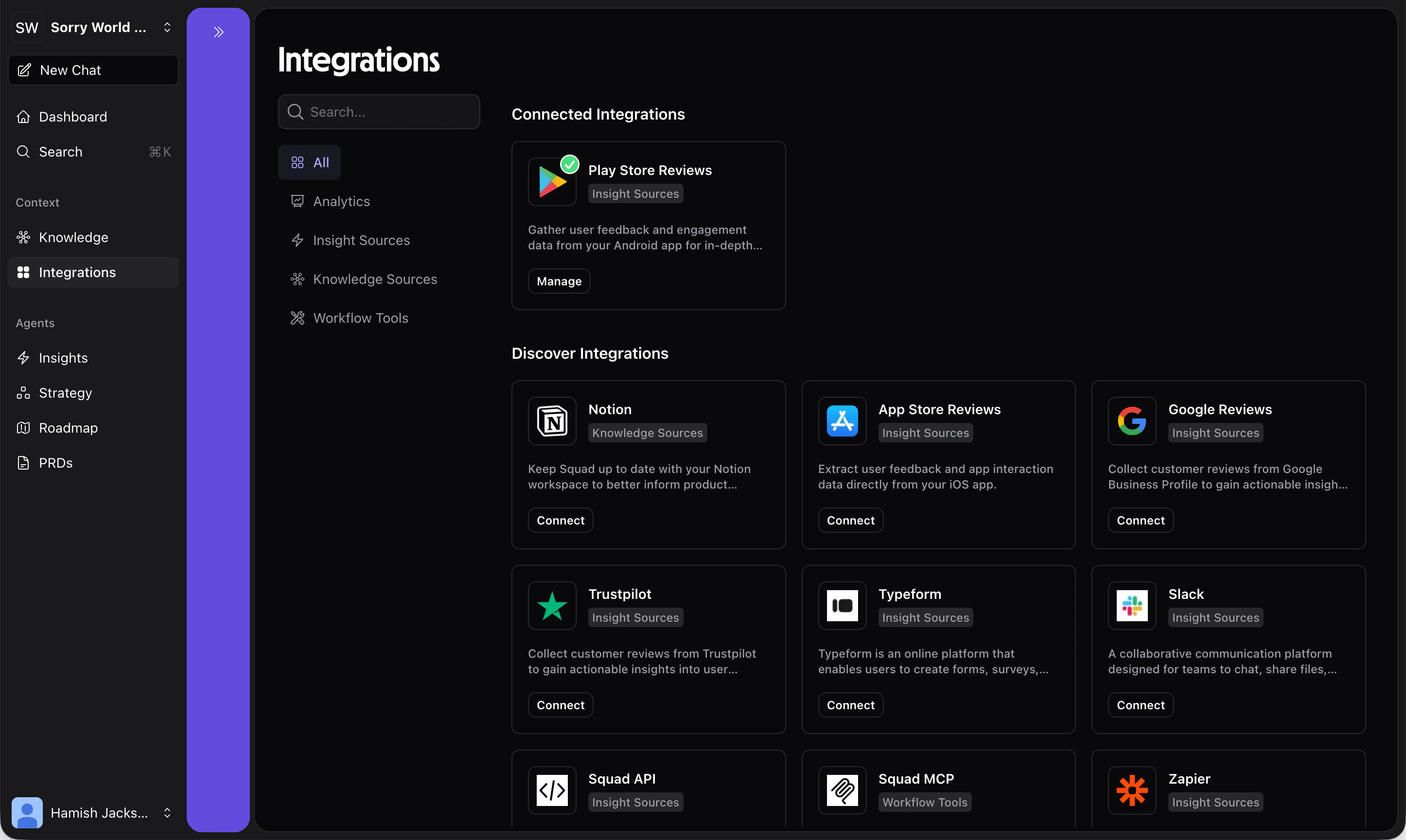 Squad Integrations page