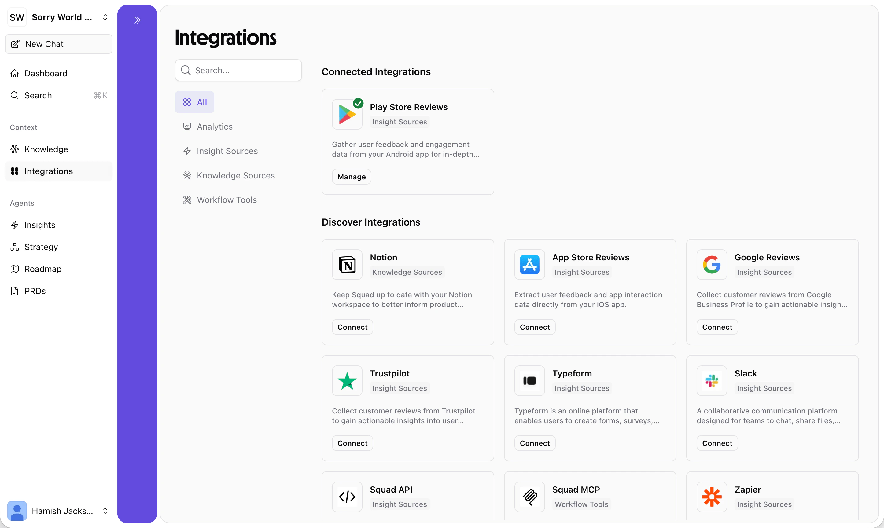 Squad Integrations page