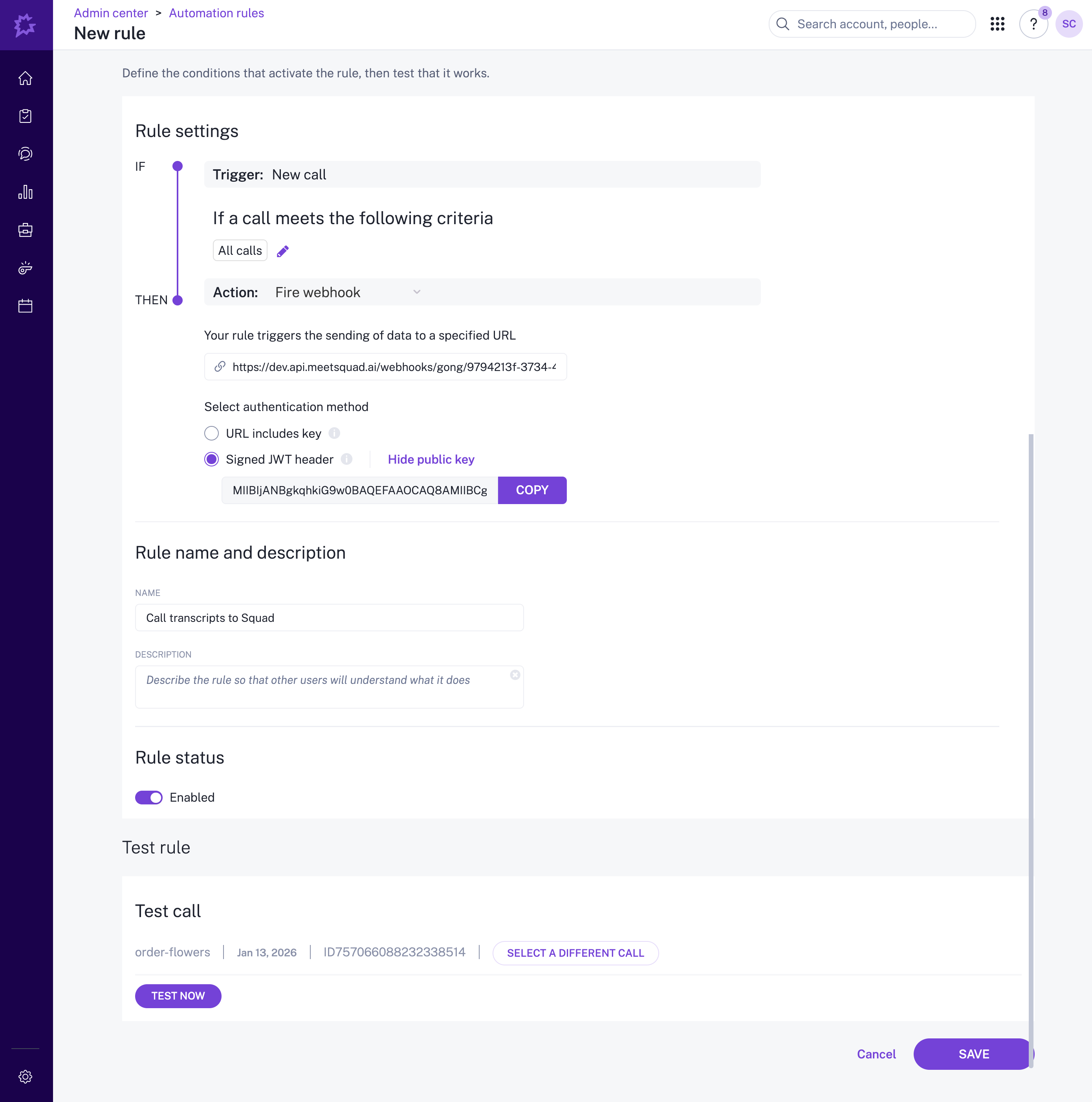 Gong automation rule setup