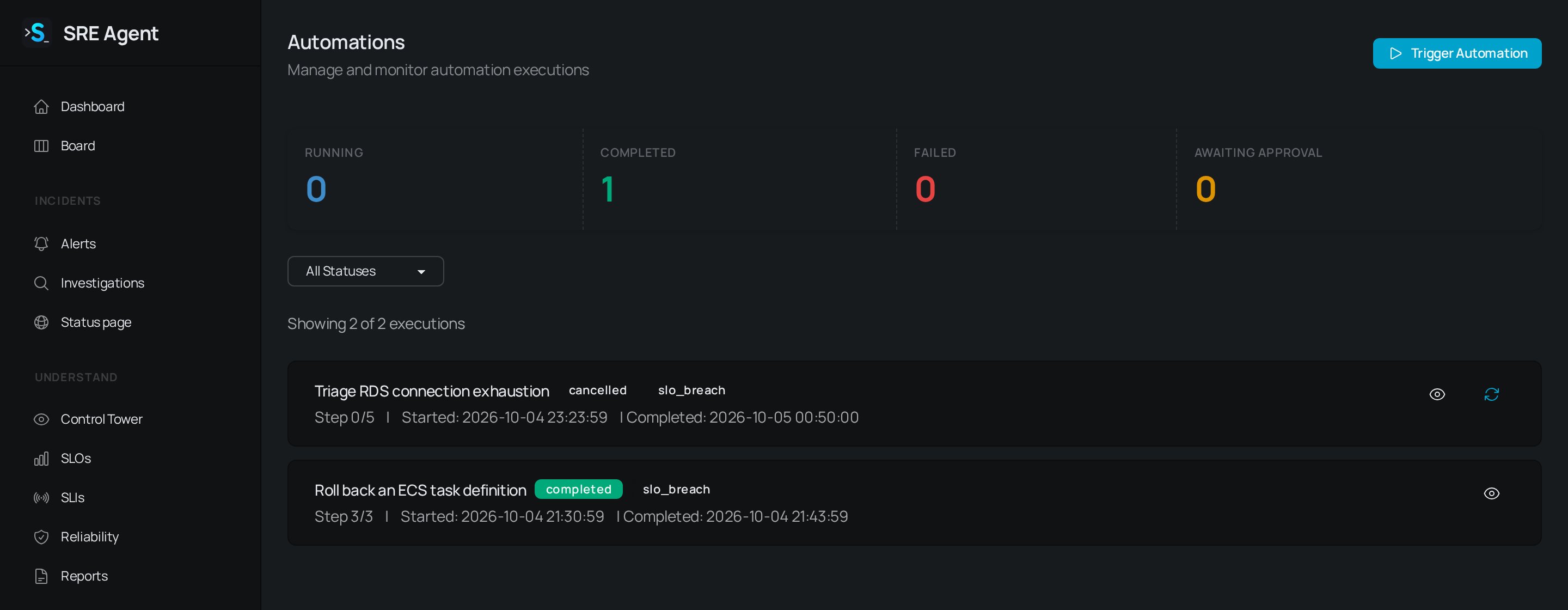 Automations page with Running, Completed, Failed and Awaiting approval counts above two executions, one awaiting approval and one completed, with triggers and step progress