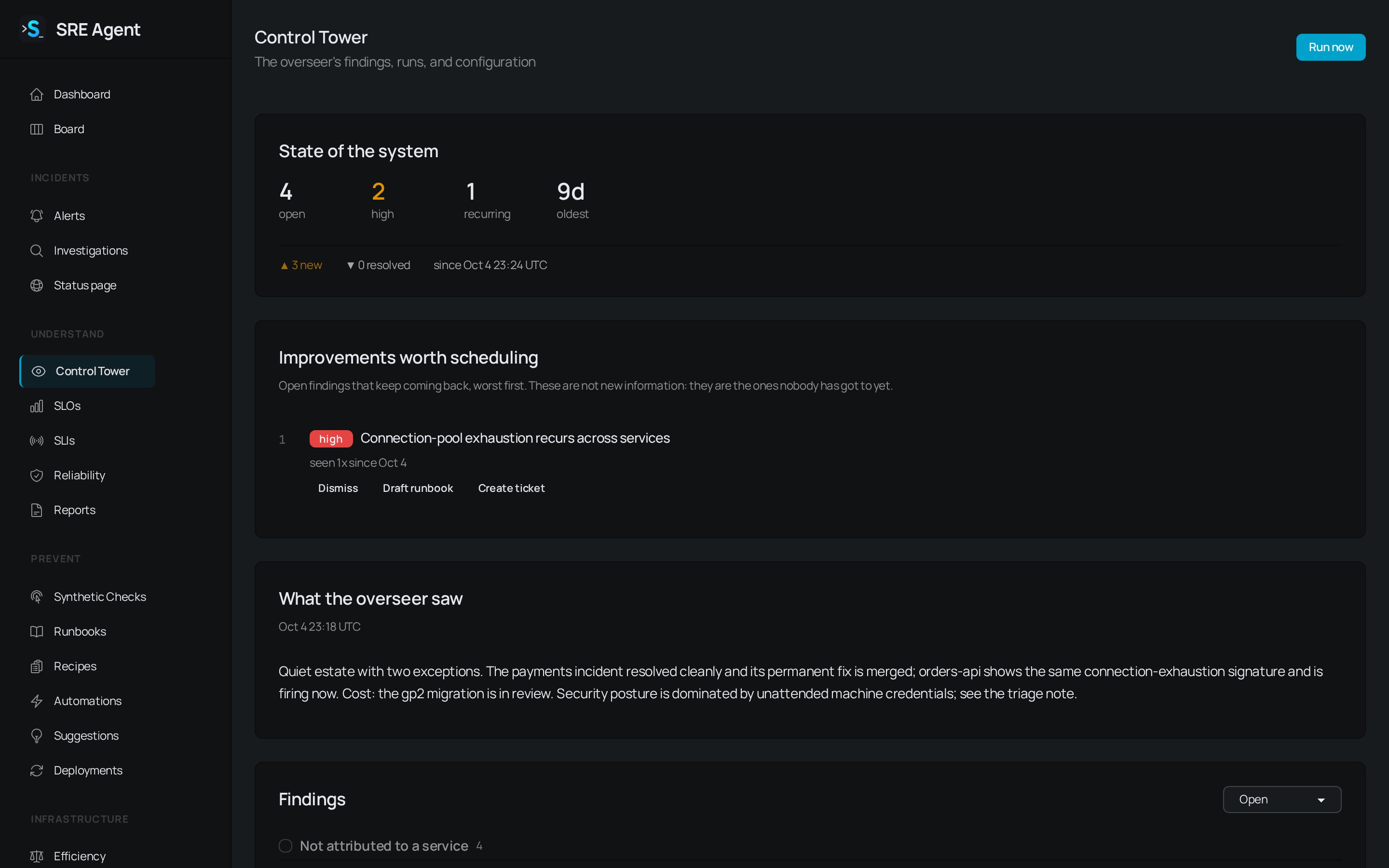 Control Tower page with a State of the system card, an Improvements worth scheduling list with Dismiss, Draft runbook and Create ticket buttons