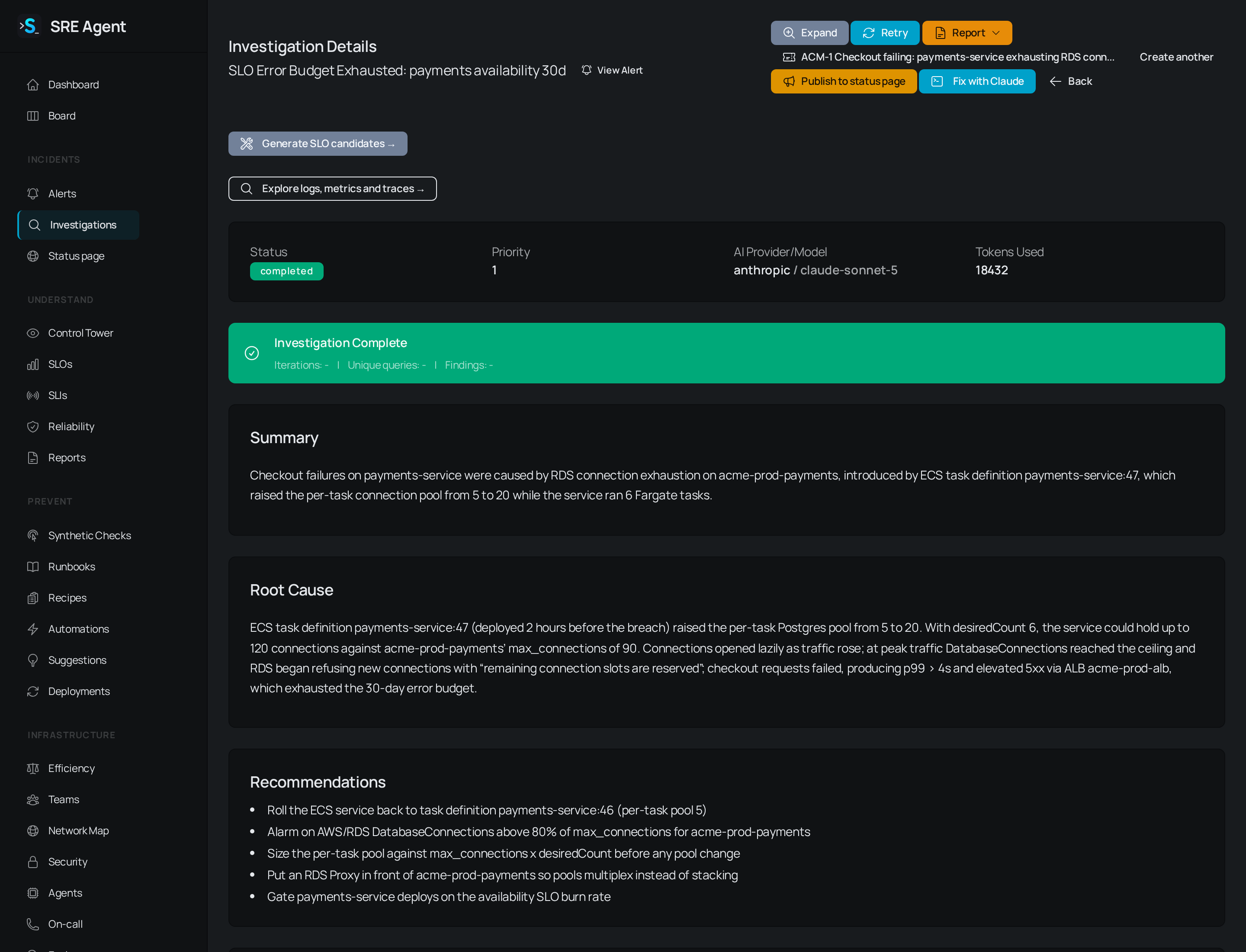 Investigation Details page for a completed investigation, with a status card and Summary, Root Cause and Recommendations sections
