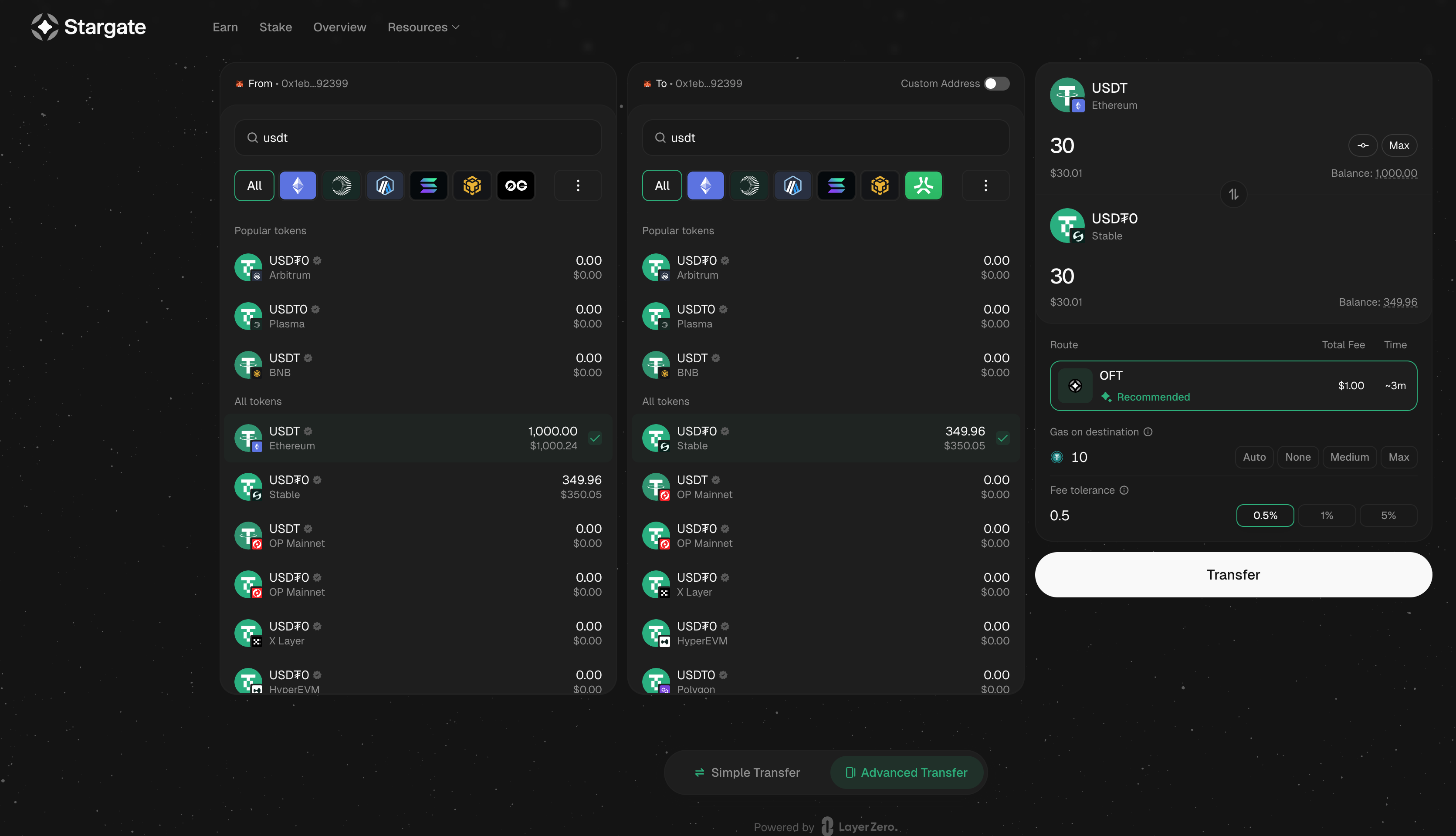 Stargate Bridge interface showing Gas on destination option