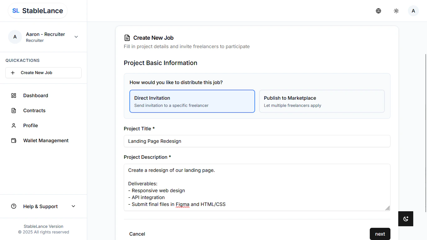 Screenshot of freelancer dashboard