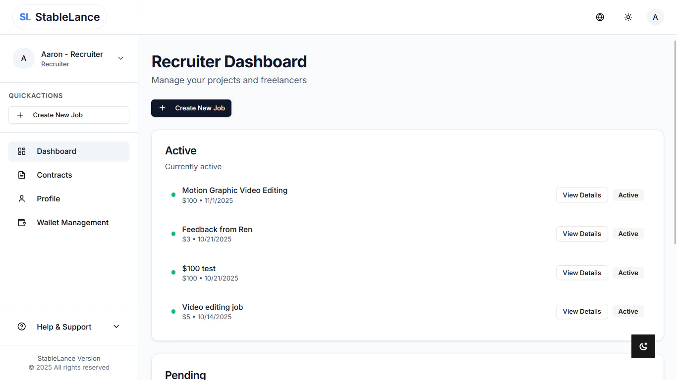 Screenshot of freelancer dashboard
