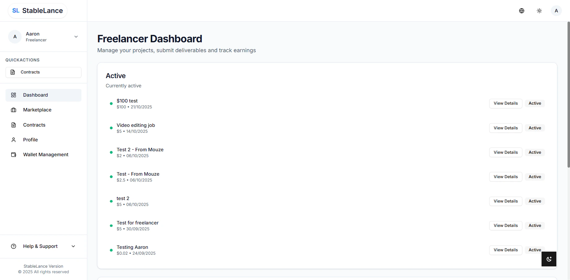 Screenshot of freelancer dashboard