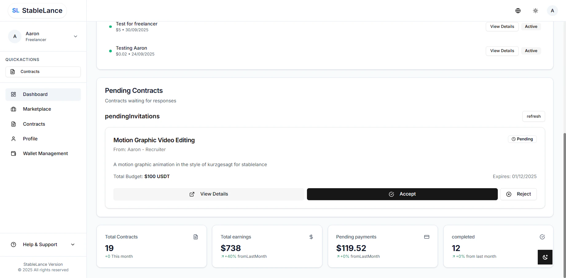 Screenshot of freelancer dashboard