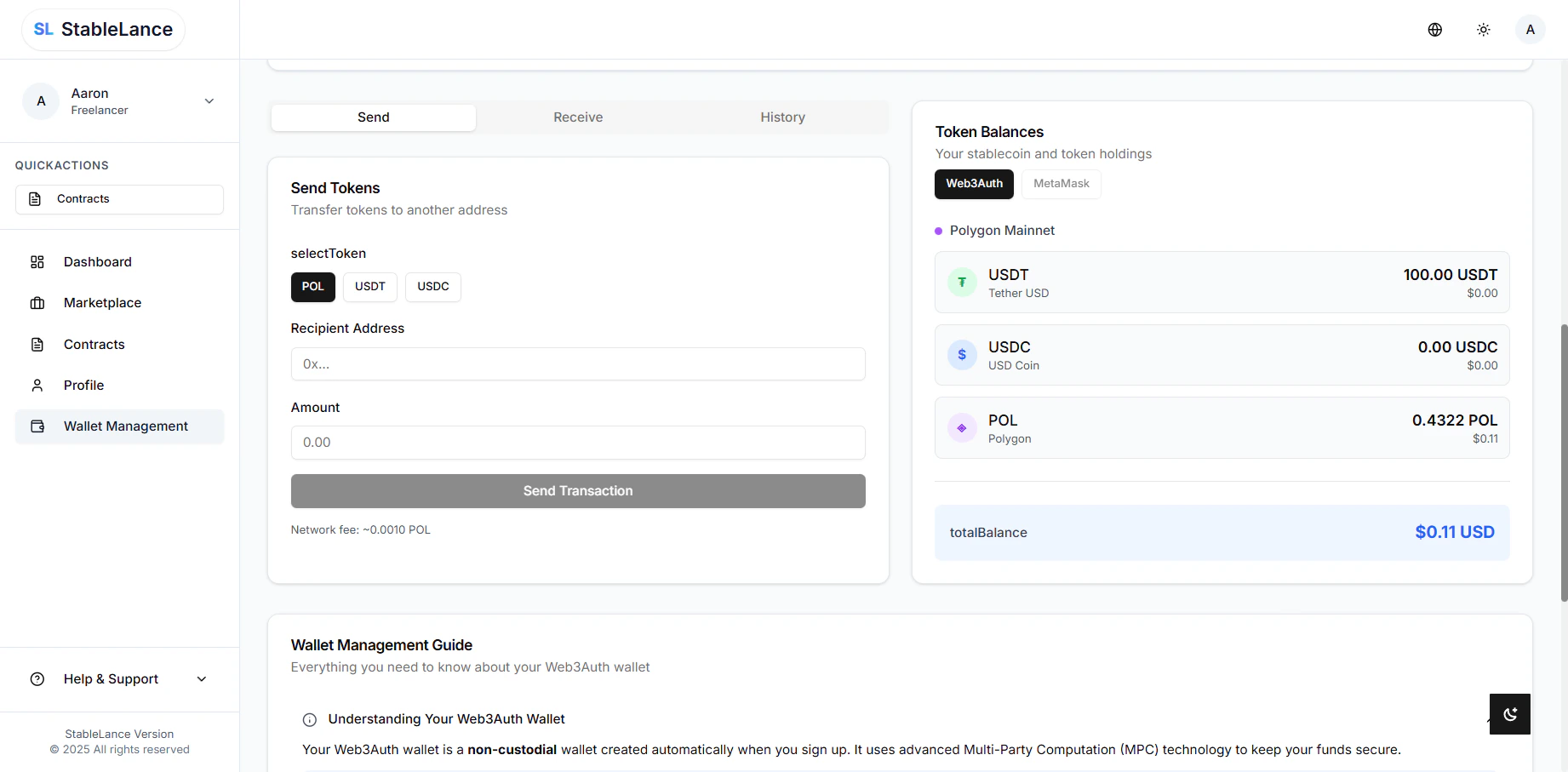 Wallet management screen
