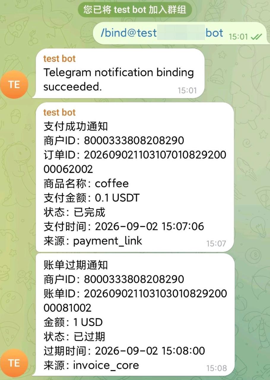 Telegram 群组中的支付通知效果示例