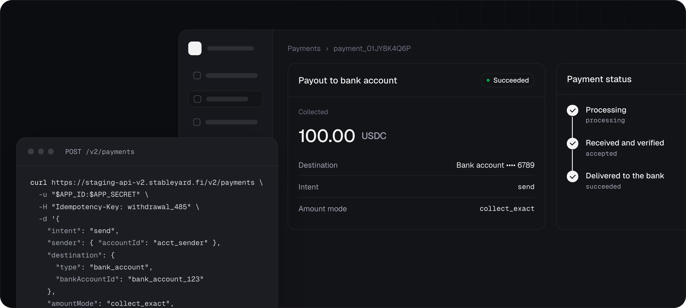 A send payment to a linked bank account, shown with its request and its status steps