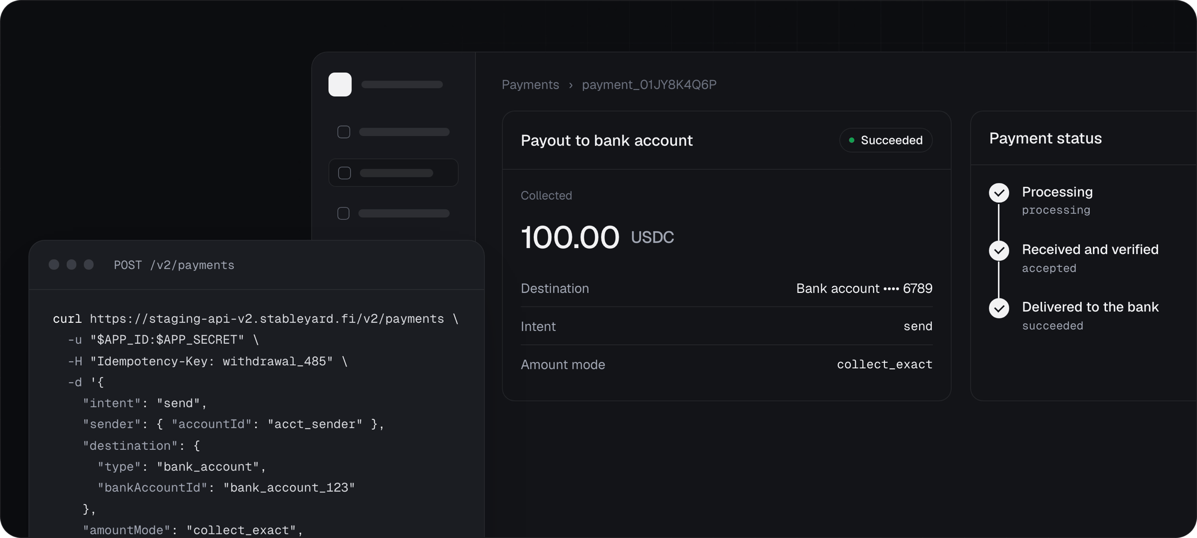A send payment to a linked bank account, shown with its request and its status steps