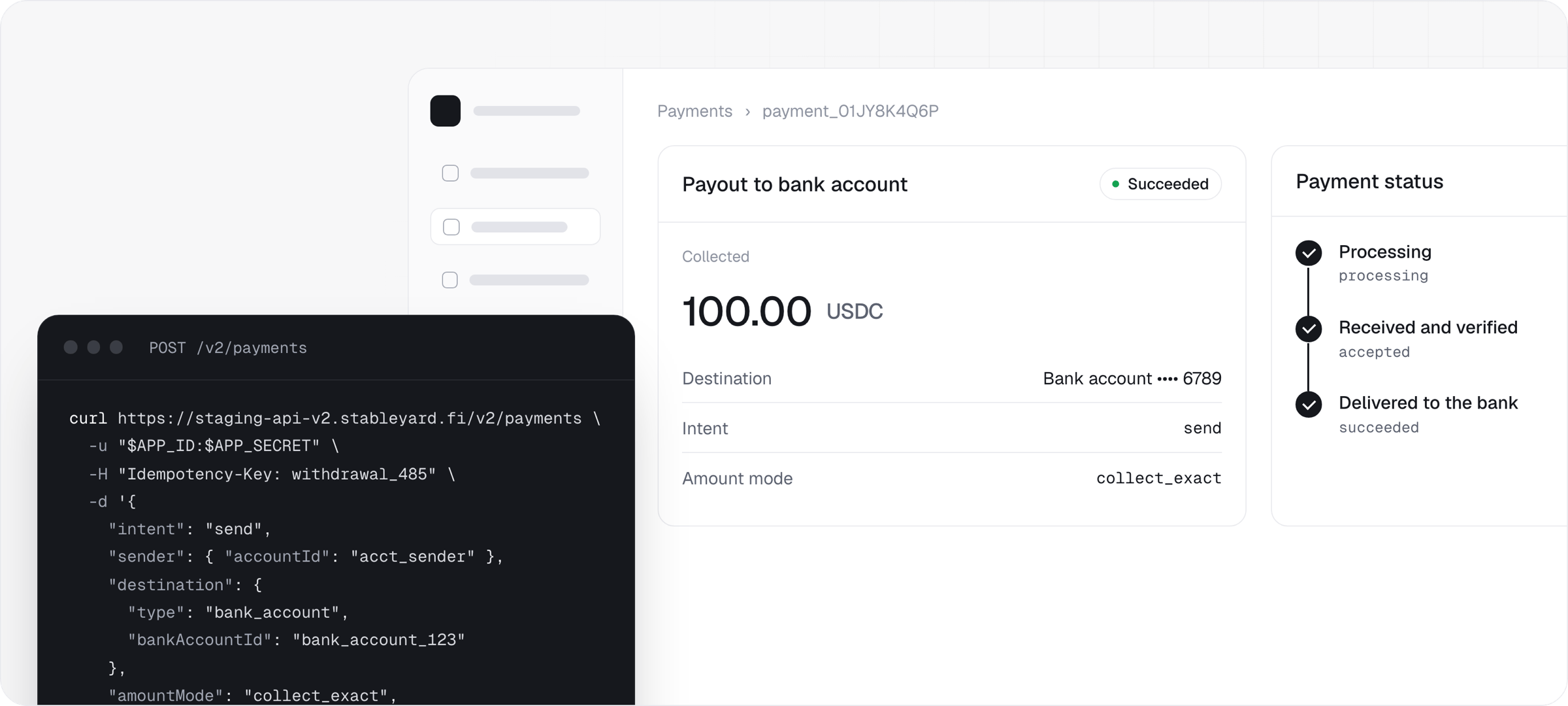 A send payment to a linked bank account, shown with its request and its status steps