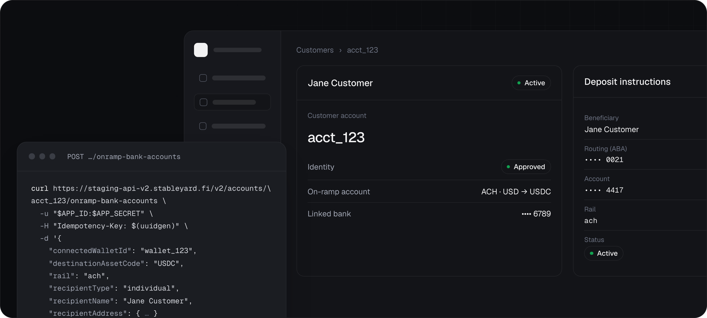 A customer account with its on-ramp bank details, shown with the request that issues them