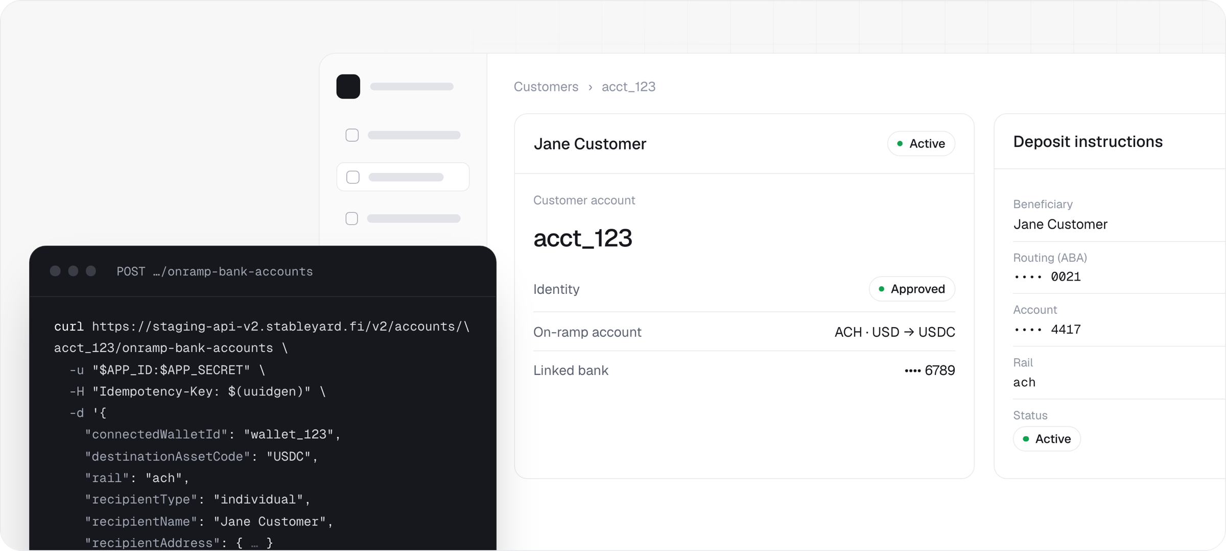 A customer account with its on-ramp bank details, shown with the request that issues them