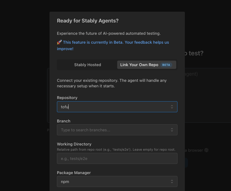 Stably project creation showing the option to connect an existing GitHub repository