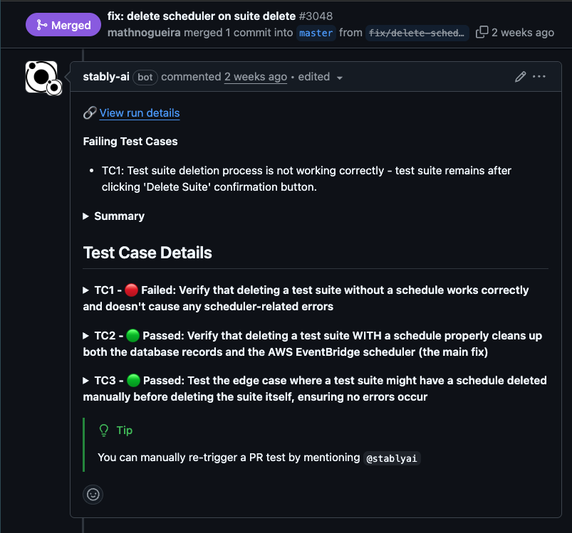 Stably PR comment showing comprehensive test case execution with pass/fail results