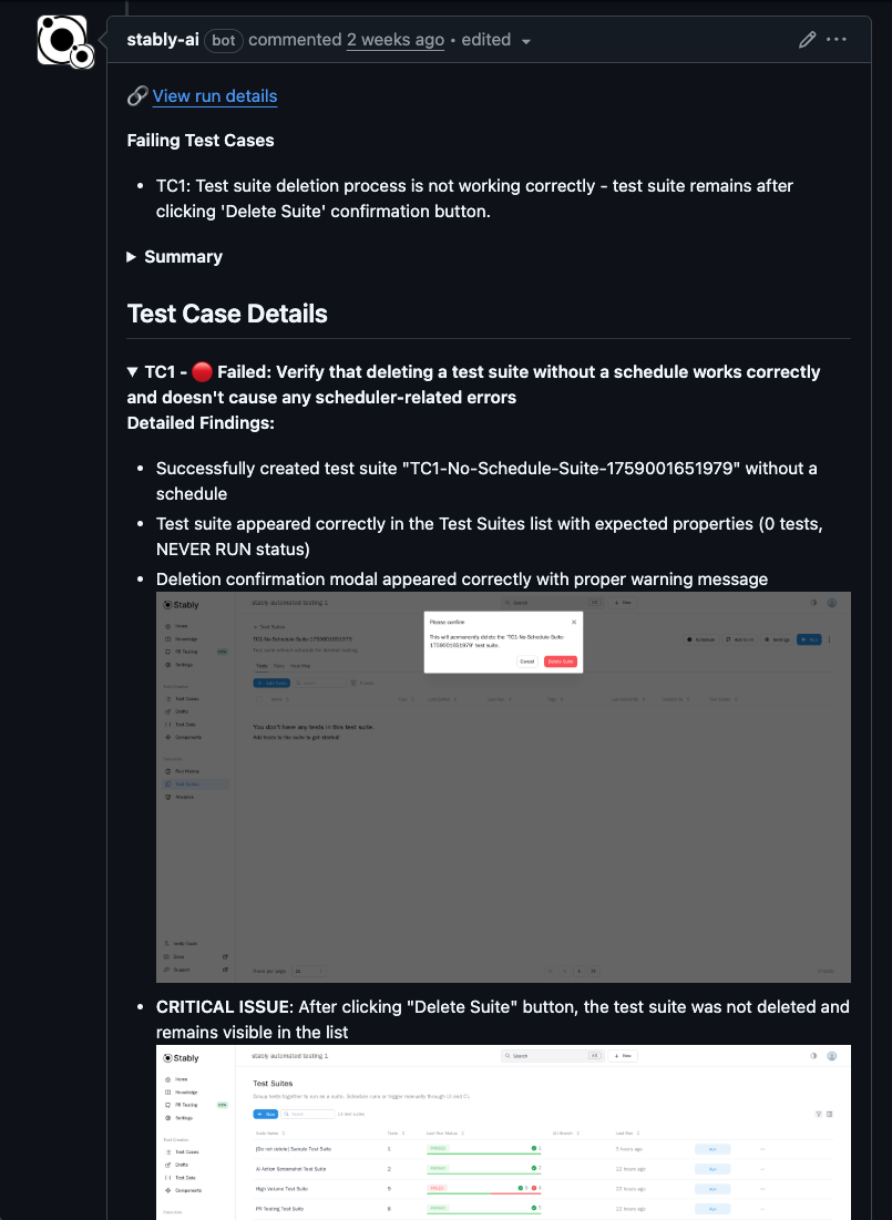 Detailed bug report showing a critical issue caught during exploratory testing with screenshots