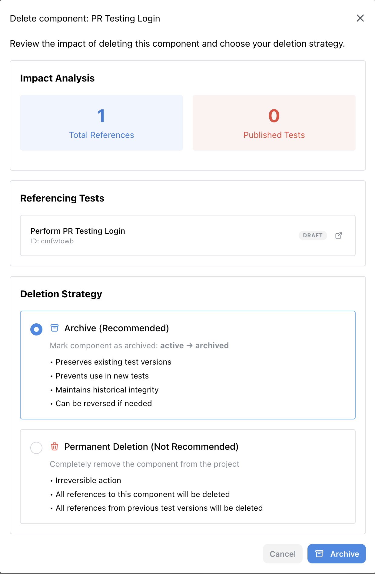 Component archiving dialog showing impact analysis and deletion strategy options