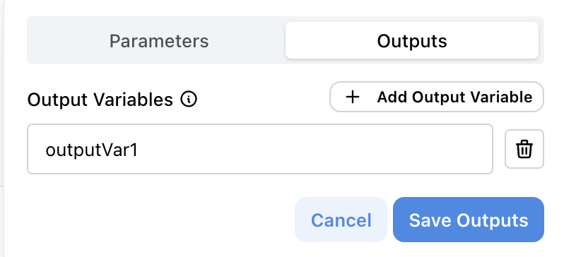 Component output parameters configuration dialog showing the Outputs tab