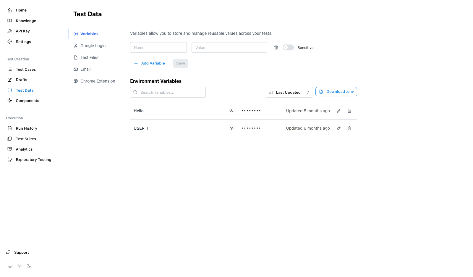 Download .env button on the Test Data page