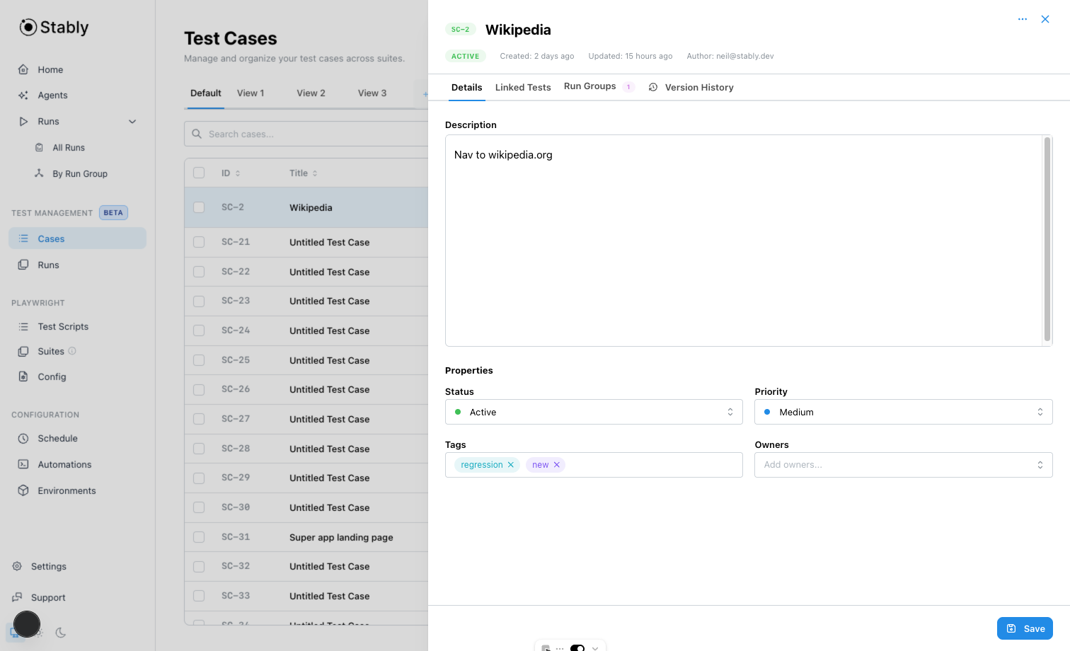 Test case drawer with Run Groups tab selected