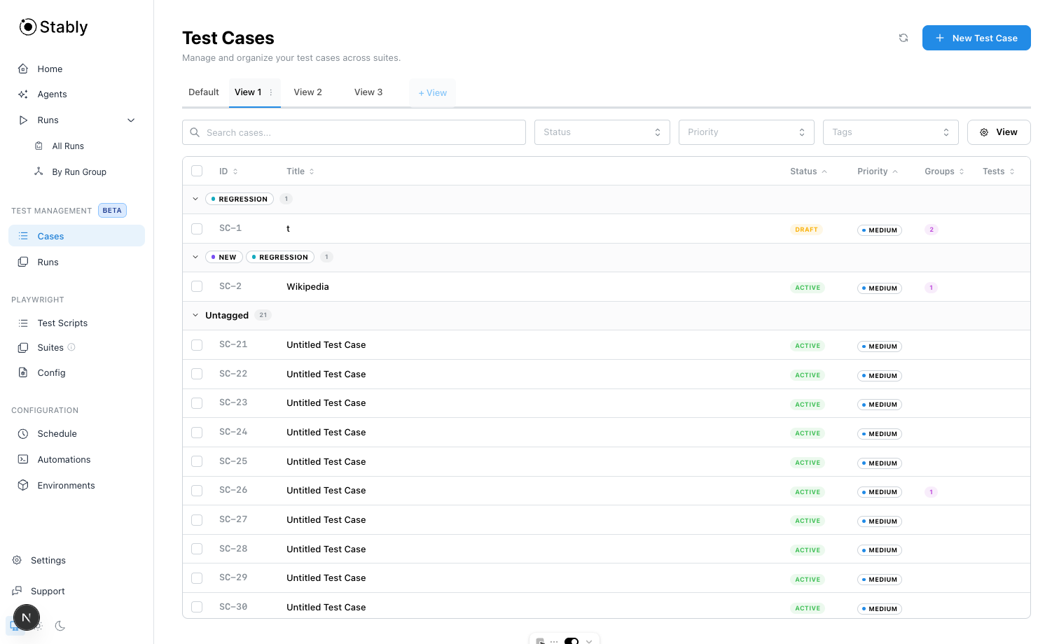 Saved case view with grouping enabled in the case table
