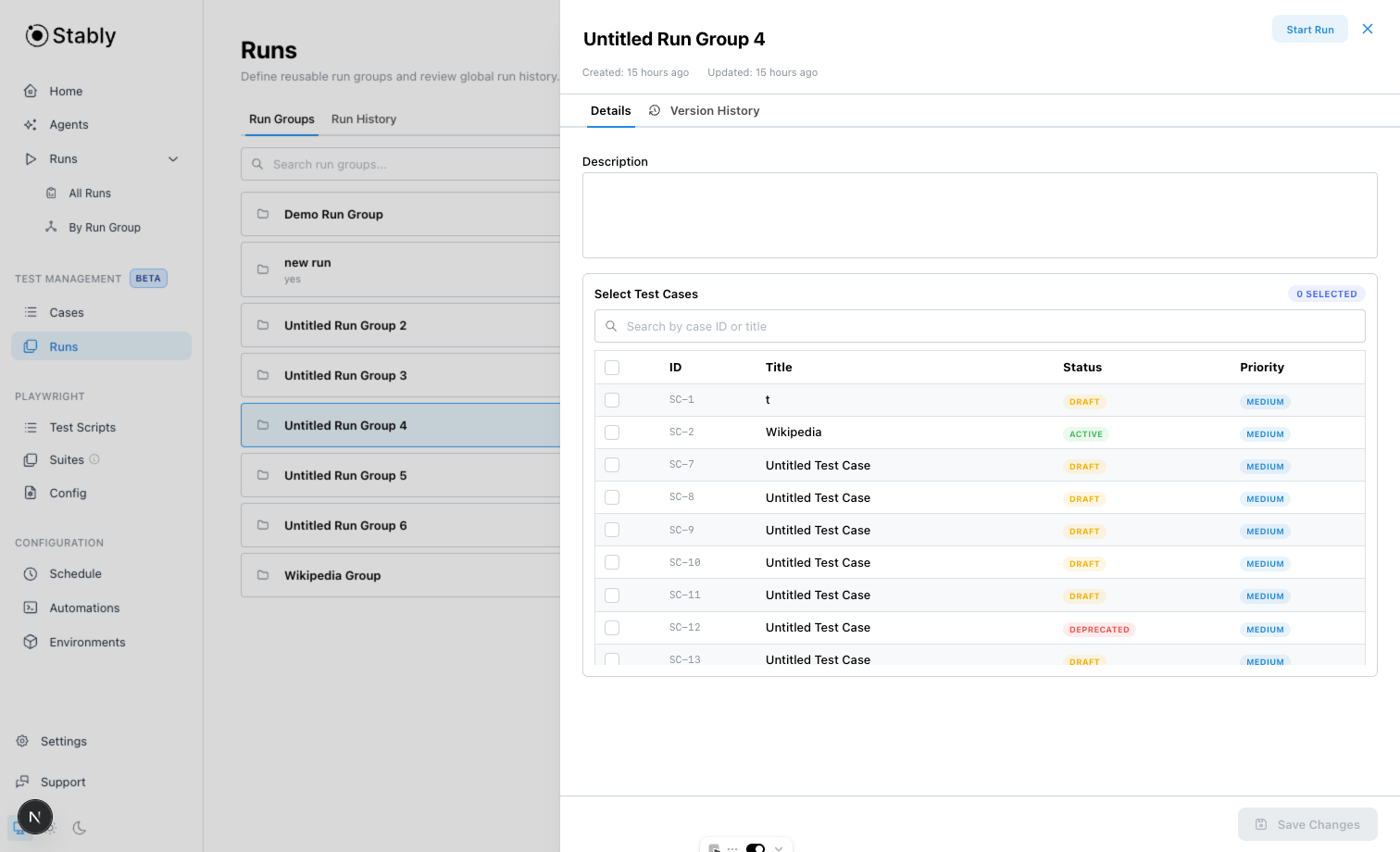 Run group drawer showing details, version history, and test case selector