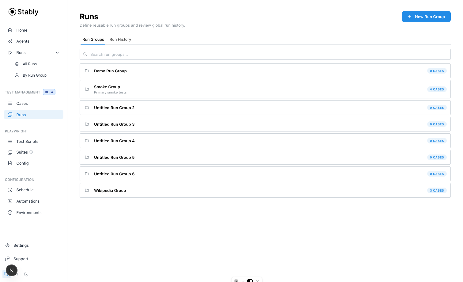 Runs page showing Run Groups and Run History tabs