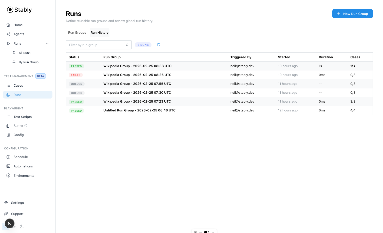 Run history tab in TCM Runs page