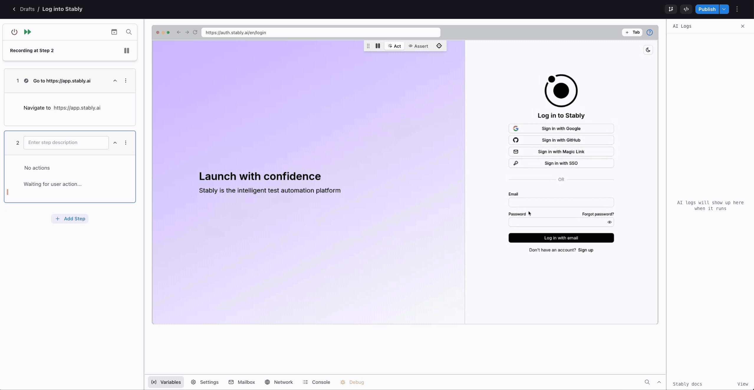 Recording a form fill step in the no-code editor