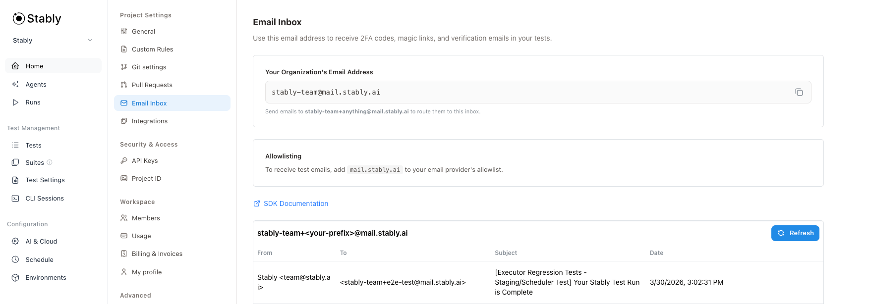 Email Inbox settings page showing received emails