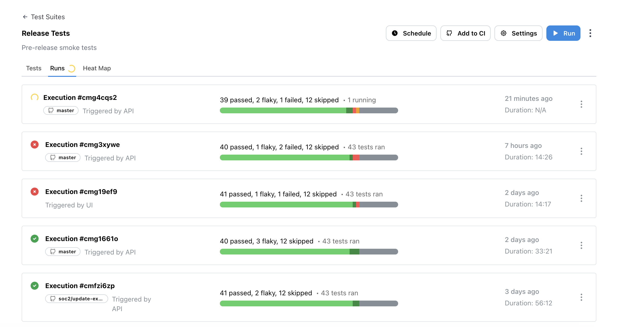 Viewing run results for a test suite