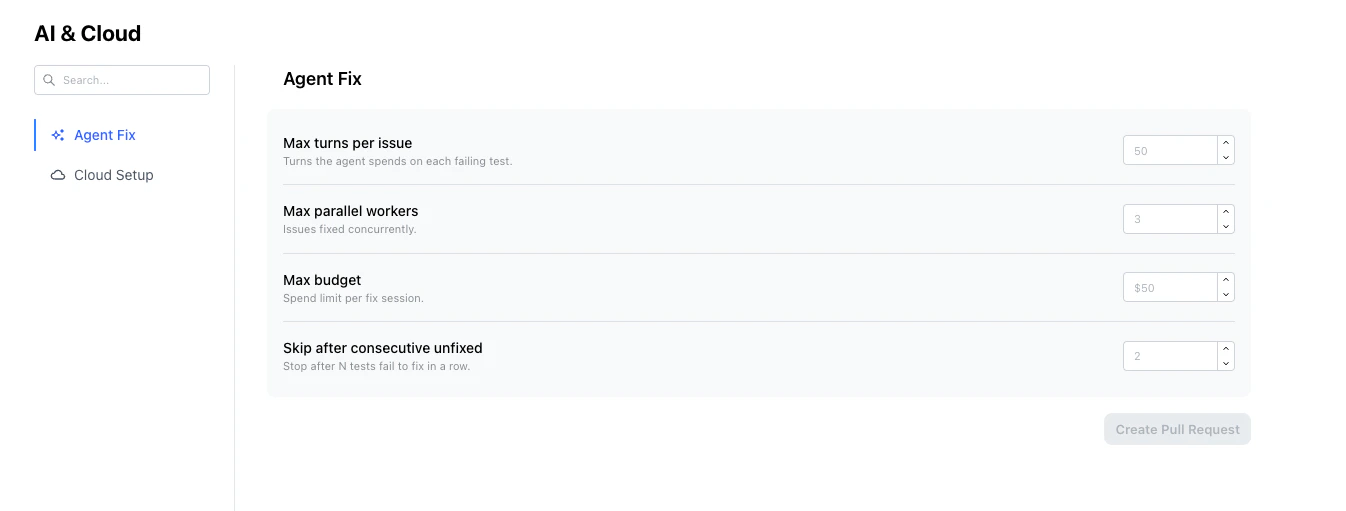 Agent Fix configuration UI showing max turns, parallel workers, budget, and skip settings