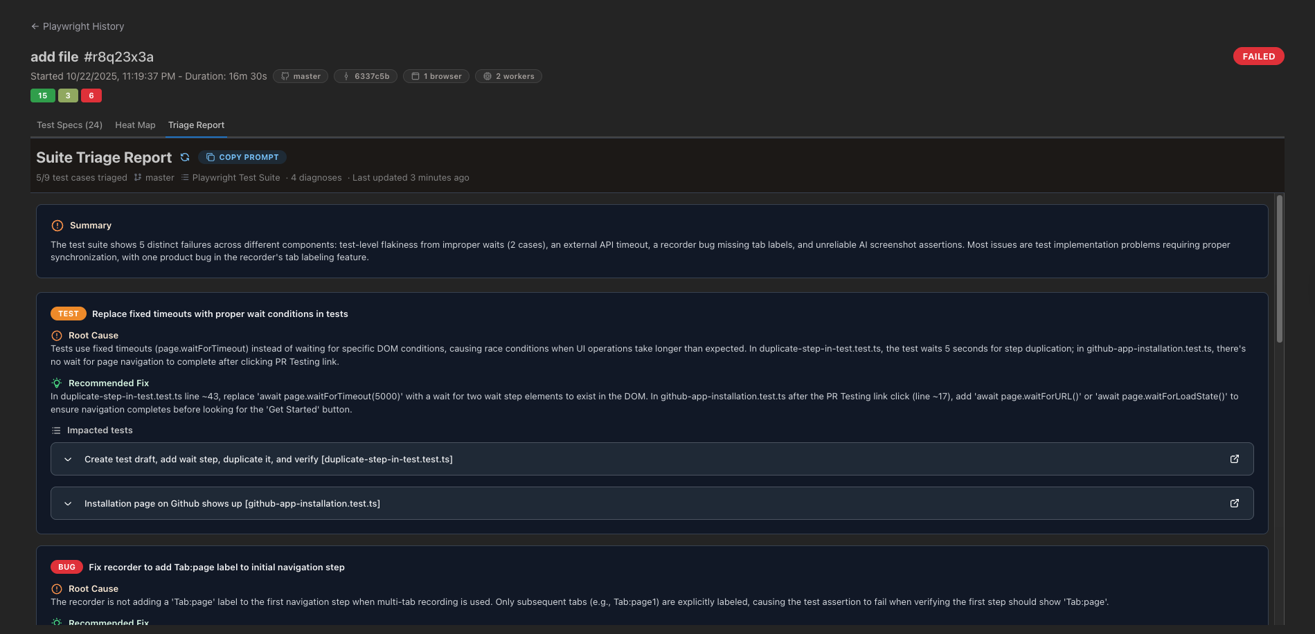 Suite Triage Report showing automated test failure analysis