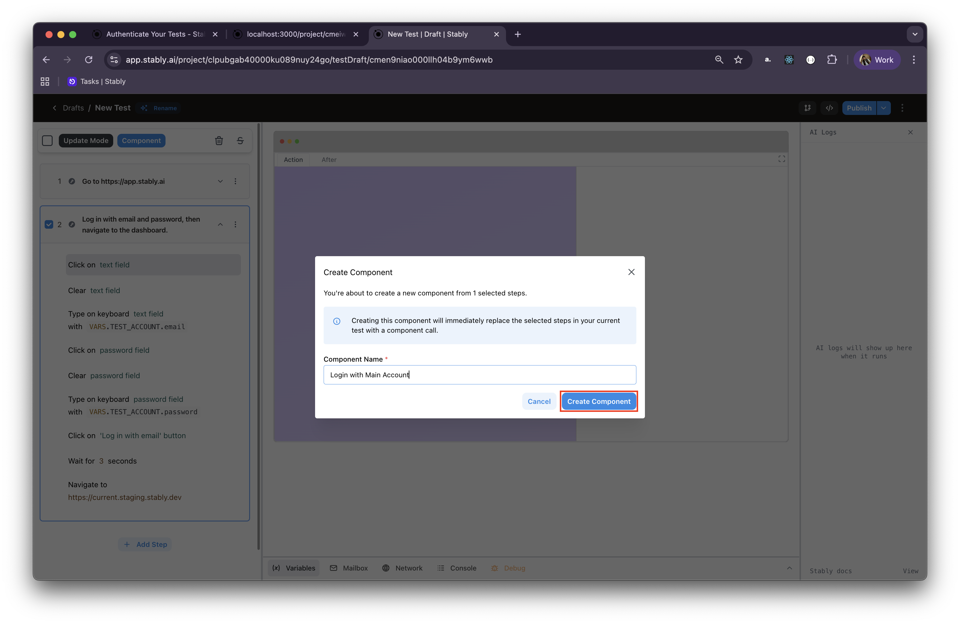 Creating component from selected actions