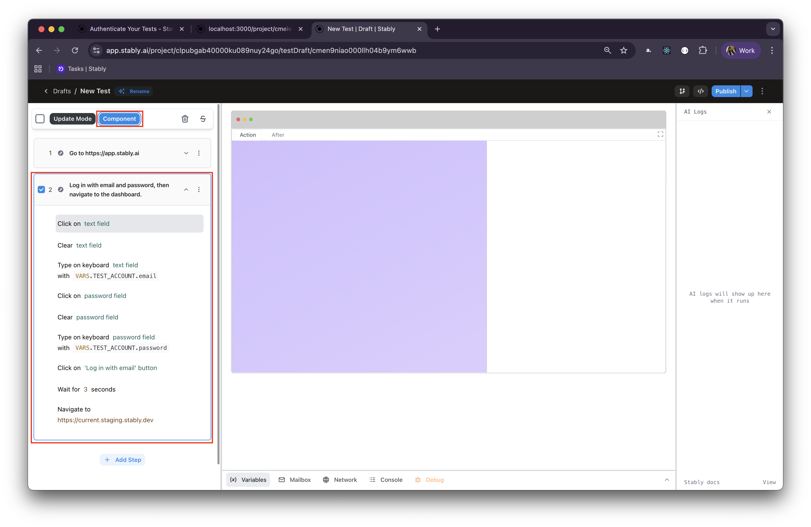 Selecting actions to create a component