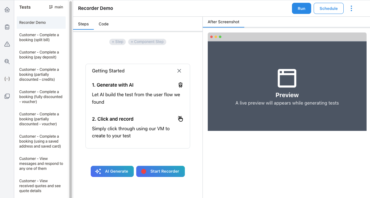Recording a new test in the no-code editor