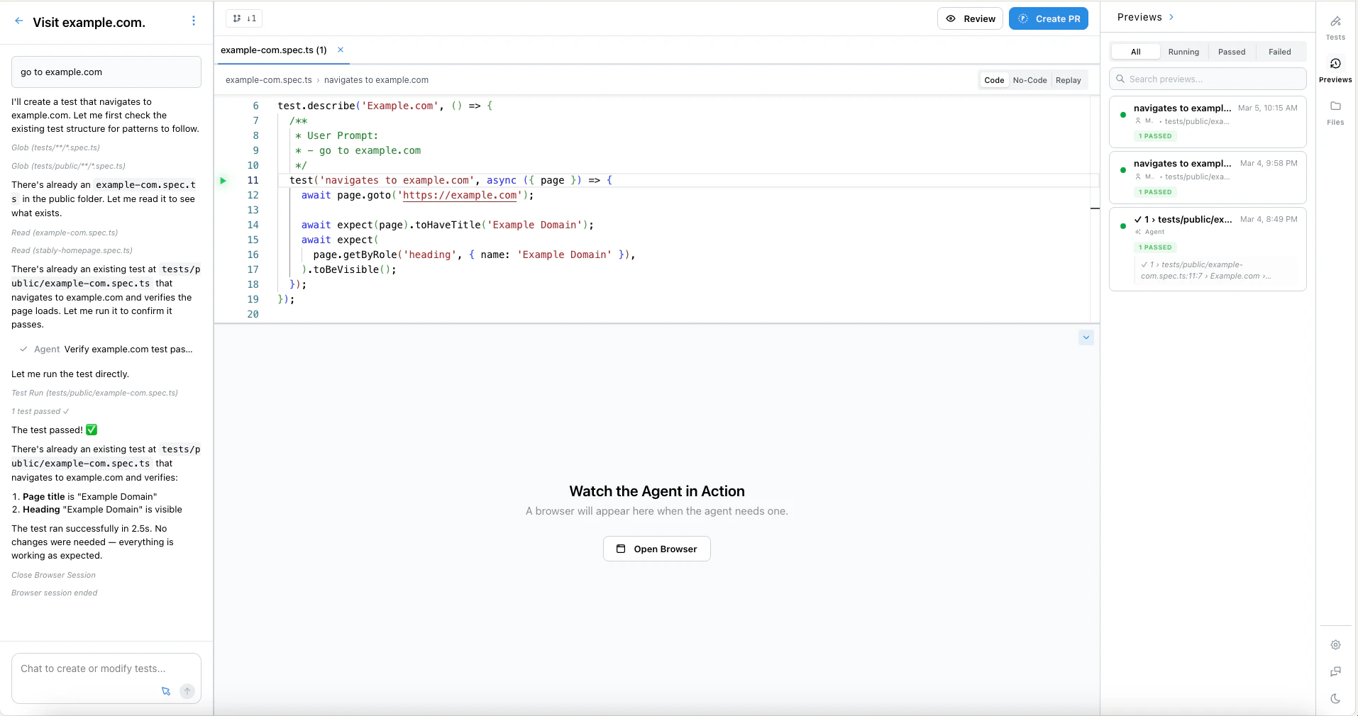 Preview test code and watch the agent in action